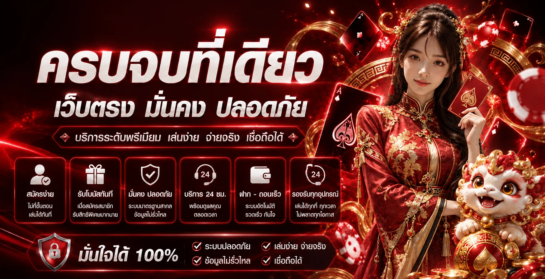 แบนเนอร์คู่มือเฮงเฮง888 โทนแดงพร้อมมาสคอตเกม